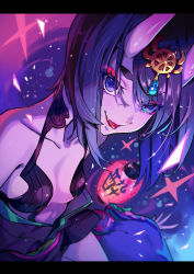 Rule 34 | 1girl, :d, bare shoulders, breasts, eyeliner, fang, fate/grand order, fate (series), hair ornament, highres, hikimayu, horns, japanese clothes, lantern, looking at viewer, makeup, open mouth, pokimari, purple eyes, purple hair, sash, short hair, shuten douji (fate), skin-covered horns, smile, solo