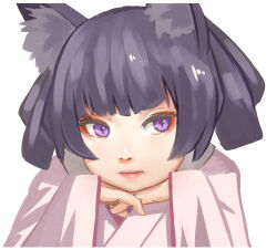Rule 34 | 1girl, animal ear fluff, animal ears, black hair, closed mouth, commentary request, fox ears, hands up, japanese clothes, kimono, kuro kosyou, long sleeves, looking at viewer, original, pink lips, purple eyes, simple background, sleeves past wrists, solo, upper body, white background, white kimono, wide sleeves