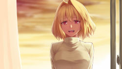 Rule 34 | 00s, 1girl, arcueid brunestud, blonde hair, breasts, curtains, hair intakes, kotera ryou, medium breasts, open mouth, red eyes, short hair, smile, solo, sweater, tsukihime, turtleneck, upper body