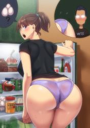 Rule 34 | 1boy, 1girl, ?, artist request, ass, ass focus, black shirt, blouse, blue hair, blush, breasts, brown hair, cameltoe, can, clothes writing, drink can, egg, from behind, glasses, large breasts, looking back, nervous, no pants, open mouth, original, panties, ponytail, purple eyes, purple panties, refrigerator, shiny clothes, shiny skin, shirt, short hair, short ponytail, short sleeves, soda can, t-shirt, trembling, underwear, zheng