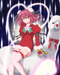 Rule 34 | 1girl, alpaca, bandages, breasts, bun cover, chinese clothes, chinese text, christmas, cuffs, double bun, female focus, flower, flx, happy, heart, ibaraki kasen, large breasts, looking at viewer, pink hair, red eyes, santa costume, short hair, smile, snow, solo, thighhighs, touhou, zettai ryouiki