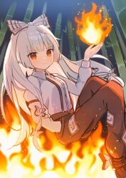 Rule 34 | 1girl, bamboo, bamboo forest, bow, fire, forest, fujiwara no mokou, hair bow, hime cut, long hair, long sleeves, looking at viewer, nature, nene man, night, ofuda, ofuda on clothes, pants, red eyes, red pants, shirt, sidelocks, smile, solo, suspenders, touhou, very long hair, white hair, white shirt