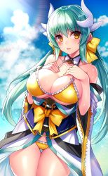 Rule 34 | 1girl, aqua hair, bikini, blush, bow, breast suppress, breasts, cleavage, cloud, collarbone, detached collar, dragon horns, fate/grand order, fate (series), gluteal fold, hair bow, highres, horns, japanese clothes, kiyohime (fate), kiyohime (fate/grand order), kiyohime (swimsuit lancer) (fate), kiyohime (swimsuit lancer) (first ascension) (fate), large breasts, long hair, looking at viewer, nano (syoutamho), ocean, open mouth, sky, smile, solo, swimsuit, thigh gap, yellow bikini, yellow eyes