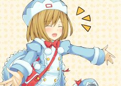 Rule 34 | 10s, 1girl, :d, blonde hair, blush, child, choujigen game neptune mk2, coat, closed eyes, female focus, happy, hat, neptune (series), open mouth, outstretched arms, ribbon, rom (neptunia), short hair, smile, solo, spread arms, ysnonnon, ysnonnon (yuu)