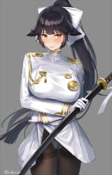 Rule 34 | 1girl, animal ears, azur lane, black hair, black pantyhose, blush, bow, breasts, brown eyes, clothes lift, cuboon, gloves, grey background, hair bow, hair flaps, holding, holding sword, holding weapon, katana, large breasts, lifted by self, long hair, looking at viewer, military, military uniform, miniskirt, pantyhose, pleated skirt, ponytail, ribbon, simple background, skirt, skirt lift, solo, sword, takao (azur lane), thighband pantyhose, twitter username, uniform, very long hair, weapon, white bow