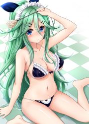 Rule 34 | 1girl, barefoot, bikini, black bikini, black ribbon, breasts, checkered floor, cleavage, commentary request, duster, green eyes, green hair, hair between eyes, hair ornament, hair ribbon, hairclip, highres, kantai collection, large breasts, long hair, looking at viewer, maid, maid bikini, maid headdress, minato 1690, parted bangs, ponytail, ribbon, sidelocks, sitting, solo, swimsuit, tile floor, tiles, unconventional maid, wariza, yamakaze (kancolle)