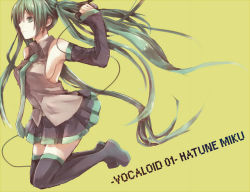 Rule 34 | 1girl, bad id, bad pixiv id, boots, breasts, detached sleeves, green eyes, green hair, hatsune miku, kneeling, long hair, matching hair/eyes, medium breasts, microphone, necktie, sideboob, simple background, skirt, solo, thigh boots, thighhighs, tonika (421chizu), twintails, very long hair, vocaloid