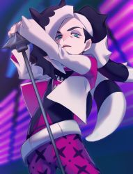 Rule 34 | 0renoaka, 1boy, belt, black hair, blurry, blurry background, commentary request, creatures (company), cropped jacket, eyeshadow, from below, game freak, green eyes, gym leader, half-closed eyes, highres, jacket, long hair, makeup, male focus, microphone stand, multicolored hair, nintendo, open mouth, piers (pokemon), pokemon, pokemon swsh, solo, teeth, two-tone hair, white hair, white jacket