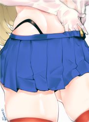Rule 34 | 1girl, artist name, black panties, blonde hair, blue eyes, dongsa wonhyong, elbow gloves, gloves, gluteal fold, groin, hand in skirt, hand under clothes, hip focus, kantai collection, long hair, panties, pantyshot, shimakaze (kancolle), skindentation, solo, standing, thighhighs, thighs, twitter username, underwear