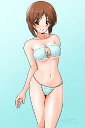 Rule 34 | 1girl, arm behind back, artist name, bare arms, bare shoulders, blue background, blue bra, blue panties, blush, bra, breasts, brown eyes, brown hair, cleavage, closed mouth, collarbone, girls und panzer, gradient background, lingerie, looking at viewer, matsui yasutsugu, medium breasts, navel, nishizumi miho, panties, short hair, smile, solo, strapless, strapless bra, striped bra, striped clothes, striped panties, underwear, underwear only, vertical-striped bra, vertical-striped clothes, vertical-striped panties