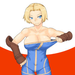 Rule 34 | 1girl, abs, bare shoulders, blonde hair, blue eyes, bodysuit, breasts, cleavage, cleavage reach, covered erect nipples, female focus, final fantasy, final fantasy tactics, fingerless gloves, gauntlets, gloves, large breasts, monk, monk (fft), short hair, simple background, smile, solo, tsukudani (coke-buta), unitard, white background