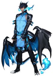 Rule 34 | 1boy, bit gag, black footwear, black gloves, black hair, black horns, blue fire, blue horns, blue nails, boots, chain, charizard, clawed boots, creatures (company), cross-laced footwear, dark-skinned male, dark skin, dragon boy, dragon horns, dragon tail, dragon wings, fingerless gloves, fingernails, fire, flame-tipped tail, full body, gag, game freak, gen 1 pokemon, gloves, gradient horns, hair between eyes, horns, katagiri hachigou, lace-up boots, male focus, mega charizard x, mega pokemon, mega stone, multicolored horns, nail polish, nintendo, personification, pokemon, red eyes, restrained, sharp fingernails, short hair, simple background, solo, standing, tail, two-tone horns, white background, wings