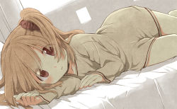 Rule 34 | 1girl, aoki ume, bed sheet, binetsu kuukan, black scrunchie, brown hair, collarbone, commentary request, dutch angle, long hair, long sleeves, looking at viewer, lying, nakanose amane, on bed, on side, one side up, scrunchie, sleeves past wrists, solo