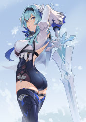Rule 34 | 1girl, :o, arms up, ass, backless leotard, black gloves, blue hair, blue thighhighs, breasts, eula (genshin impact), from side, genshin impact, gloves, hair ornament, hairband, highres, jrajazon, leotard, long sleeves, looking at viewer, looking back, medium breasts, skindentation, snowflakes, solo, stance, standing, thigh strap, thighhighs, yellow eyes