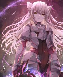 Rule 34 | 1girl, animal ear fluff, animal ears, armor, armored bodysuit, bodysuit, breastplate, cat ears, cat girl, commentary request, gauntlets, gloves, grey hair, hair between eyes, highres, holding, holding weapon, long hair, looking at viewer, m (xenoblade), purple gloves, solo, ui frara, very long hair, weapon, xenoblade chronicles (series), xenoblade chronicles 3, yellow eyes
