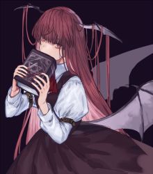 Rule 34 | 1girl, arm belt, arm garter, bat wings, black background, blunt bangs, book, brown skirt, brown vest, bubble skirt, buckle, collared shirt, commentary, covering own mouth, cowboy shot, dark background, demon girl, demon wings, hands up, head wings, hexagram, holding, holding book, juliet sleeves, koakuma, layered clothes, long hair, long skirt, long sleeves, looking at viewer, looking to the side, low wings, marimo tarou, messy hair, nail polish, puffy sleeves, red eyes, red hair, red nails, red neckwear, shaded face, shirt, skirt, skirt set, solo, star of david, straight hair, touhou, very long fingernails, very long hair, vest, white shirt, wings