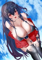 Rule 34 | 1girl, absurdres, azur lane, bikini, black bikini, black choker, black thighhighs, breasts, choker, cleavage, crossed bangs, dutch angle, eyewear on head, highres, huge breasts, jacket, leaning forward, long hair, looking at viewer, official alternate costume, open mouth, race queen, red eyes, red jacket, skindentation, solo, sub aru b skl, swimsuit, taihou (azur lane), taihou (enraptured companion) (azur lane), thigh strap, thighhighs, very long hair