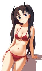 1girl bikini black_hair blue_eyes breasts cleavage dot_nose fate/stay_night fate_(series) hair_ribbon highres leaning_to_the_side looking_at_viewer medium_breasts navel raie_l red_bikini ribbon side-tie_bikini_bottom solo stomach swimsuit tohsaka_rin two_side_up white_background