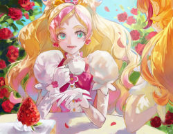 Rule 34 | 2girls, :d, amanogawa kirara, aqua eyes, blonde hair, bow, bowtie, choker, collarbone, cup, cure flora, cure twinkle, day, earrings, flower, food, fruit, gloves, go! princess precure, gradient hair, haruno haruka, holding, holding cup, jewelry, long hair, multicolored hair, multiple girls, nani (s2 nani), open mouth, outdoors, pink bow, pink bowtie, pink hair, precure, red flower, red rose, rose, short sleeves, sketch, smile, strawberry, streaked hair, swept bangs, teacup, upper body, very long hair, white choker, white gloves, white sleeves