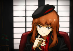 Rule 34 | &gt;:3, 1girl, :3, beret, between fingers, black hat, black jacket, blurry, blush, brown eyes, buttons, chair, cigar, closed mouth, collarbone, collared shirt, depth of field, dress shirt, eyebrows, facing viewer, fernandia malvezzi, hat, holding, holding cigar, indoors, jacket, leaf, long hair, long sleeves, looking at viewer, military, military uniform, orange hair, plant, pot, potted plant, red shirt, shiratama (hockey), shirt, sidelocks, sitting, smile, solo, table, tsurime, uniform, upper body, v-shaped eyebrows, window, world witches series