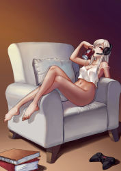 Rule 34 | 1girl, armchair, artistic error, bad anatomy, bare arms, bare legs, bare shoulders, barefoot, book, book stack, bottomless, breasts, brown background, camisole, can, chair, cleavage, collarbone, controller, covered erect nipples, crop top, crop top overhang, crossed legs, cushion, drink can, drinking, eyelashes, from side, full body, game controller, hand up, headphones, headset, highres, holding, indoors, knees up, leaning back, long hair, looking at viewer, medium breasts, microphone, navel, no bra, no panties, no pants, notebook, original, pillow, plantar flexion, shade, shiny skin, shiraha (pixiv10239953), sitting, soda can, solo, spaghetti strap, stomach, strap slip, tan, white hair, wrong foot