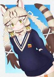 Rule 34 | 1girl, absurdres, animal costume, animal ear fluff, animal ears, bow, bowtie, cat ears, cat girl, cat tail, extra ears, geoffroy&#039;s cat (kemono friends), green eyes, highres, kemono friends, kemono friends v project, kneehighs, long hair, looking at viewer, microphone, multicolored hair, ribbon, shirt, simple background, socks, solo, sun3 bears, sweater, tail, twintails, virtual youtuber