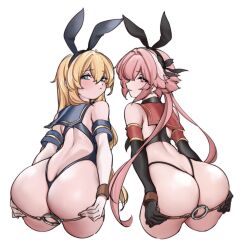 Rule 34 | 2boys, absurdres, androgynous, ass, astolfo (fate), bare shoulders, bikini, black bow, blonde hair, blush, bottomless, bow, butt crack, crop top, crossdressing, crossover, curvy, dimples of venus, earrings, elbow gloves, embarrassed, fate/apocrypha, fate (series), from behind, full body, gloves, hair bow, hairband, highleg, highleg bikini, highres, huge ass, jewelry, kantai collection, lamsass, long hair, looking at viewer, looking back, multicolored hair, multiple boys, one-piece swimsuit, pink hair, presenting, rabbit ears, seiza, shimakaze-kun, shimakaze (kancolle), shiny skin, simple background, sitting, smile, streaked hair, swimsuit, take your pick, thighhighs, thong, thong one-piece swimsuit, trap, very long hair, white background, white gloves, white hair, wide hips
