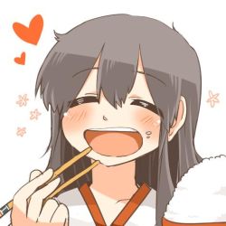 Rule 34 | 10s, 1girl, akagi (kancolle), bowl, brown hair, chopsticks, closed eyes, flower, food, food on face, happy, heart, kantai collection, long hair, lowres, open mouth, rebecca (keinelove), rice, rice bowl, simple background, smile, solo