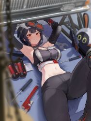 1girl absurdres armpits bangboo_(zenless_zone_zero) bare_shoulders black_hair black_pants breasts commentary crop_top goggles goggles_on_head grace_howard highres knee_up large_breasts looking_at_viewer lying midriff mukisita navel on_back pants red_eyes short_hair smile solo sports_bra stomach thighs zenless_zone_zero