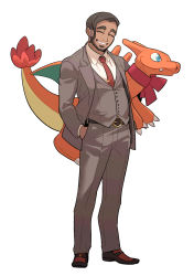 Rule 34 | 1boy, belt, black hair, blouse, business suit, buttons, character doll, charizard, closed eyes, collared shirt, commentary request, creatures (company), doll, facial hair, formal, full body, game freak, gen 1 pokemon, grey jacket, grey pants, grey vest, grin, hand in pocket, highres, holding, holding doll, jacket, korean commentary, male focus, necktie, nintendo, pants, pokemon, pokemon swsh, red necktie, redlhzz, rose (pokemon), shirt, shoes, smile, solo, standing, suit, undercut, vest, white shirt