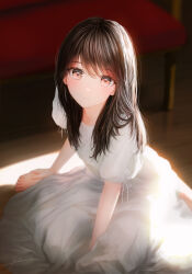 Rule 34 | 1girl, absurdres, blurry, blurry background, blush, brown hair, dark room, dress, expressionless, foot out of frame, hair over shoulder, hand on own foot, highres, indoors, looking at viewer, medium hair, ojay tkym, orange eyes, original, parted lips, revision, short sleeves, sidelocks, sitting, solo, sundress, sunlight, swept bangs, white dress