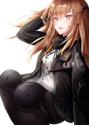 Rule 34 | bad id, bad pixiv id, black jacket, black neckerchief, black ribbon, black skirt, brown hair, commentary request, elbow pads, fingerless gloves, girls&#039; frontline, gloves, hair ornament, hair ribbon, hand in own hair, highres, jacket, knee pads, long hair, neckerchief, open mouth, pantyhose, red eyes, ribbon, ruwoka, shirt, sitting, skirt, smile, solo, tongue, ump9 (girls&#039; frontline), white shirt