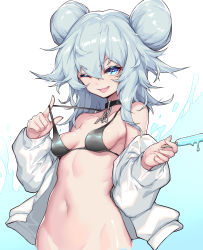 Rule 34 | 1girl, ;d, absurdres, bare shoulders, bikini, bikini tug, bikini under clothes, black bikini, blue eyes, blue hair, blush, breasts, chain, choker, collarbone, commentary request, double bun, duplicate, fang, food, girls&#039; frontline, groin, hair between eyes, hair bun, heart, heart-shaped pupils, highres, holding, holding food, ice cream, jacket, lifted by self, long hair, long sleeves, looking at viewer, medium breasts, medium hair, navel, off shoulder, one eye closed, open clothes, open jacket, open mouth, out-of-frame censoring, pa-15 (girls&#039; frontline), puffy long sleeves, puffy sleeves, shanyao jiang tororo, shiny skin, silver hair, skin fang, sleeves past wrists, small breasts, smile, solo, stomach, strap lift, swimsuit, symbol-shaped pupils, upper body, water, white background, white jacket