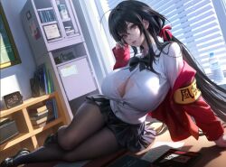Rule 34 | 1girl, ahoge, armband, azur lane, black bow, black bowtie, black footwear, black hair, black skirt, bow, bowtie, bra, bra visible through clothes, breasts, button gap, chinese commentary, clock, desk, digital clock, full body, huge ahoge, huge breasts, indoors, jacket, long hair, long sleeves, looking at viewer, loose bowtie, miniskirt, official alternate costume, on desk, pantyhose, pleated skirt, red eyes, red jacket, round eyewear, school uniform, shirt, shirt tucked in, skirt, solo, taihou (azur lane), taihou (sweet time after school) (azur lane), thighband pantyhose, underwear, user tjee7473, very long hair, white bra, white shirt, window blinds, yellow armband