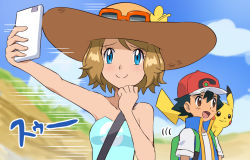 Rule 34 | 1boy, 1girl, :d, ash ketchum, backpack, bag, bare arms, black hair, blonde hair, blue eyes, blue jacket, brown eyes, brown headwear, cellphone, closed mouth, cloud, cosplay, creatures (company), day, dress, eyelashes, eyewear on headwear, flower, game freak, gen 1 pokemon, green bag, hat, hat flower, holding, holding phone, jacket, nintendo, on shoulder, open mouth, outdoors, outstretched arm, phone, pikachu, pokemoa, pokemon, pokemon (anime), pokemon (creature), pokemon journeys, pokemon masters ex, pokemon on shoulder, pokemon sm, red headwear, selfie, serena (pokemon), shirt, short hair, short sleeves, sightseer (pokemon), sightseer (pokemon) (cosplay), sky, sleeveless, sleeveless jacket, smile, split mouth, strap, strapless, strapless dress, sunglasses, t-shirt, tongue, voice actor connection, white shirt, yellow flower