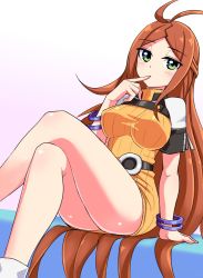 Rule 34 | 1girl, azure striker gunvolt, belt, blush, breasts, brown hair, commentary, cougar (cougar1404), dress, english commentary, green eyes, jewelry, large breasts, long hair, looking at viewer, nike (gunvolt), sitting, skirt, solo, very long hair