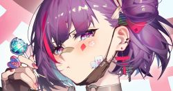 Rule 34 | 1girl, bandaid, bandaid on face, bandaid on nose, between fingers, blush, candy, character name, choker, dl (dl 6ix), earrings, fingerless gloves, food, gloves, hand up, heart, heart-shaped pupils, highres, holding, holding candy, holding food, jewelry, lollipop, mask, mouth mask, multicolored hair, nail polish, one side up, pout, purple eyes, purple nails, short hair, solo, streaked hair, symbol-shaped pupils, tenjin kotone, tenjin kotone (channel), torii earrings, two-tone hair, virtual youtuber