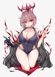 Rule 34 | 1girl, absurdres, azur lane, black one-piece swimsuit, breasts, cleavage, curvy, duca degli abruzzi (azur lane), duca degli abruzzi (lustrous onyx sirenetta) (azur lane), halo, highres, kive, kneeling, large breasts, looking at viewer, mechanical arms, naughty face, official alternate costume, one-piece swimsuit, pink hair, prosthesis, prosthetic arm, red eyes, robe, robe slip, seductive smile, see-through, short hair, simple background, single mechanical arm, skin tight, skindentation, smile, solo, swimsuit, thigh gap, thighs, wide hips