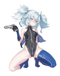 Rule 34 | 1girl, absurdres, arm behind back, asymmetrical legwear, bare shoulders, black capelet, black leotard, blue eyes, blue gloves, blue socks, blue thighhighs, blush, breasts, capelet, character name, covered navel, full body, girls&#039; frontline, gloves, groin, gun, hair between eyes, heart, heart-shaped pupils, highres, holding, holding gun, holding weapon, kneehighs, knees apart feet together, legs, leotard, long hair, looking at viewer, lushiying, mab pa-15, medium breasts, medium hair, messy hair, mismatched legwear, no shoes, pa-15 (girls&#039; frontline), parted lips, silver hair, simple background, single glove, single kneehigh, single sock, single thighhigh, skin tight, skindentation, smile, socks, solo, spread legs, squatting, symbol-shaped pupils, thighhighs, thighs, twintails, weapon, white background