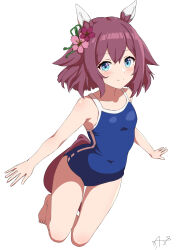 Rule 34 | 1girl, alternate costume, animal ears, arms at sides, barefoot, blue eyes, breasts, closed mouth, collarbone, commentary request, highres, horse ears, horse tail, looking at viewer, sakura chiyono o (umamusume), school swimsuit, signature, simple background, small breasts, smile, solo, swimsuit, tail, umamusume, white background, yaya eshage