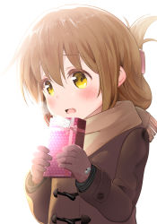 Rule 34 | 10s, 1girl, bell (oppore coppore), blush, box, brown gloves, brown hair, commentary request, folded ponytail, gift, gift box, gloves, highres, inazuma (kancolle), incoming gift, jacket, kantai collection, long sleeves, open mouth, scarf, shy, solo, upper body, valentine, wavy hair, wavy mouth, winter clothes, yellow eyes