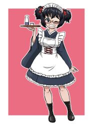 1girl alternate_costume apron black_hair blue_eyes blush breasts enmaided full_body girls_und_panzer glasses grin large_breasts looking_at_viewer maid maid_headdress oryou_(girls_und_panzer) pink_background short_hair simple_background smile solo takahashi_kurage twintails wa_maid waitress