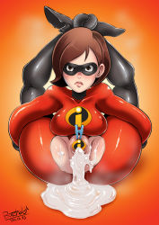 Rule 34 | 1girl, artist name, bdsm, bodysuit, bondage, bound, breasts, brown hair, butcha-u, censored, clip, clitoris, covered erect nipples, cum, cum in pussy, cum pool, dated, disney, domino mask, elastigirl, erect clitoris, flexible, folded, frown, helen parr, latex, latex suit, legs over head, lips, mask, mature female, novelty censor, pussy, restrained, short hair, skin tight, solo, the incredibles