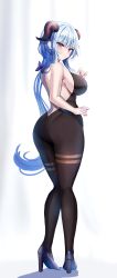 Rule 34 | 1girl, absurdres, ass, bare arms, bare shoulders, black legwear, blue bow, blue footwear, blue hair, blush, bow, breasts, from behind, full body, ganyu (genshin impact), genshin impact, goat horns, hair bow, hair ornament, hanasaka houcha, high heels, highres, horns, large breasts, legs, long hair, looking at viewer, looking back, purple eyes, smile, solo, standing, thighs