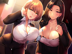 Rule 34 | 2girls, :d, arm up, black bra, black hair, black jacket, black pants, blurry, blurry background, bra, bra visible through clothes, breast press, breasts, brown hair, cleavage, clipboard, closed mouth, collarbone, collared shirt, dress shirt, dutch angle, hand in own hair, highres, holding, holding clothes, jacket, large breasts, long hair, looking at viewer, mature female, multiple girls, non-web source, open mouth, original, pants, red eyes, shirt, smile, takamura wamu, underwear, white shirt, yellow eyes