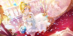 Rule 34 | 1girl, artist request, ayase eli, blonde hair, blue eyes, blue flower, blue rose, bouquet, breasts, buttons, closed mouth, dress, elbow gloves, flower, garter straps, gloves, hair ornament, hairclip, highres, holding, holding bouquet, indoors, lace, light rays, long hair, looking at viewer, love live!, love live! school idol festival, love live! school idol festival all stars, love live! school idol project, medium breasts, official art, petals, ponytail, rose, rose petals, scrunchie, smile, sparkling eyes, stairs, standing, strapless, strapless dress, sunlight, thighhighs, tiara, wedding dress, white dress, white gloves, white scrunchie