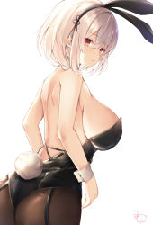 Rule 34 | 1girl, :o, absurdres, animal ears, ass, azur lane, back, bare arms, bare shoulders, black leotard, breasts, brown pantyhose, commentary request, cowboy shot, fake animal ears, fake tail, fishnet pantyhose, fishnets, from behind, garter straps, highres, kiri celea, large breasts, leotard, looking at viewer, looking back, medium hair, pantyhose, playboy bunny, rabbit ears, rabbit tail, red eyes, sidelocks, signature, silver hair, simple background, sirius (azur lane), solo, standing, strapless, strapless leotard, tail, white background, wrist cuffs