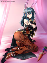 1girl absurdres alternate_costume animal_ears ass black_gloves blue_eyes blue_hair breasts brown_pantyhose byleth_(female)_(fire_emblem) byleth_(fire_emblem) cleavage fake_animal_ears fake_tail fire_emblem fire_emblem:_three_houses full_body gloves grin high_heels highres large_breasts leotard long_hair lying nintendo on_side pantyhose playboy_bunny rabbit_ears rabbit_tail smile solo tail vilde_loh_hocen watermark web_address