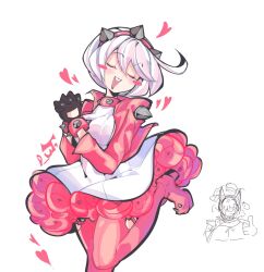 Rule 34 | 1boy, 1girl, ahoge, black gloves, blush stickers, boots, breasts, chibi, chibi inset, closed eyes, cowboy shot, cropped jacket, dress, elphelt valentine, gloves, guilty gear, guilty gear strive, hairband, heart, high heel boots, high heels, highres, jacket, large breasts, nagoriyuki, open mouth, own hands clasped, own hands together, pink footwear, pink hairband, pink jacket, pink lips, poopiepluto, short hair, simple background, sketch inset, sleeveless, sleeveless dress, spiked hairband, spiked jacket, spikes, standing, standing on one leg, thigh boots, white background, white dress, white hair