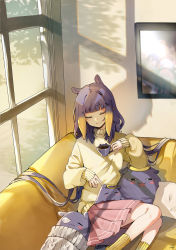 Rule 34 | 1girl, absurdres, animal ears, blonde hair, blunt bangs, closed eyes, closed mouth, coffee, coffee mug, couch, creature on lap, cup, highres, holding, holding cup, hololive, hololive english, indoors, long hair, long sleeves, lucferz, mole, mole under eye, mug, multicolored hair, ninomae ina&#039;nis, nose bubble, on couch, pink skirt, pleated skirt, purple hair, shadow, skirt, socks, solo, streaked hair, sweater, takodachi (ninomae ina&#039;nis), very long hair, virtual youtuber, window, yellow socks, yellow sweater